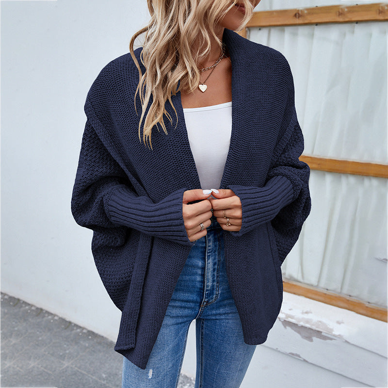 Women’s Loose Knitted Sweater – Solid Color Bat Sleeve Large Lapel Cardigan for Autumn & Winter