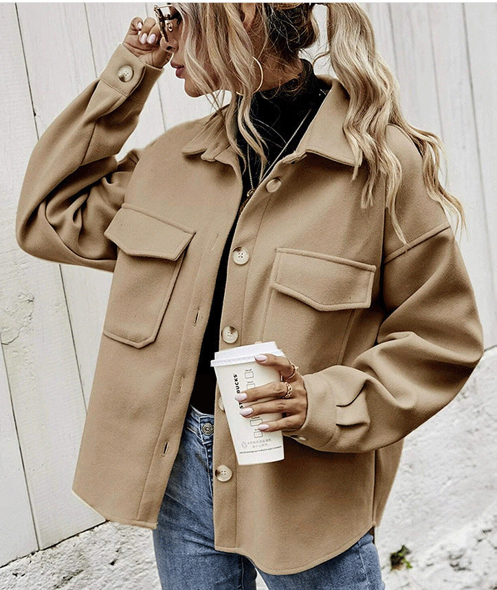 Women’s Winter Lapel Coat – Single-Breasted Thick Woolen Short Jacket, Solid Color Outerwear