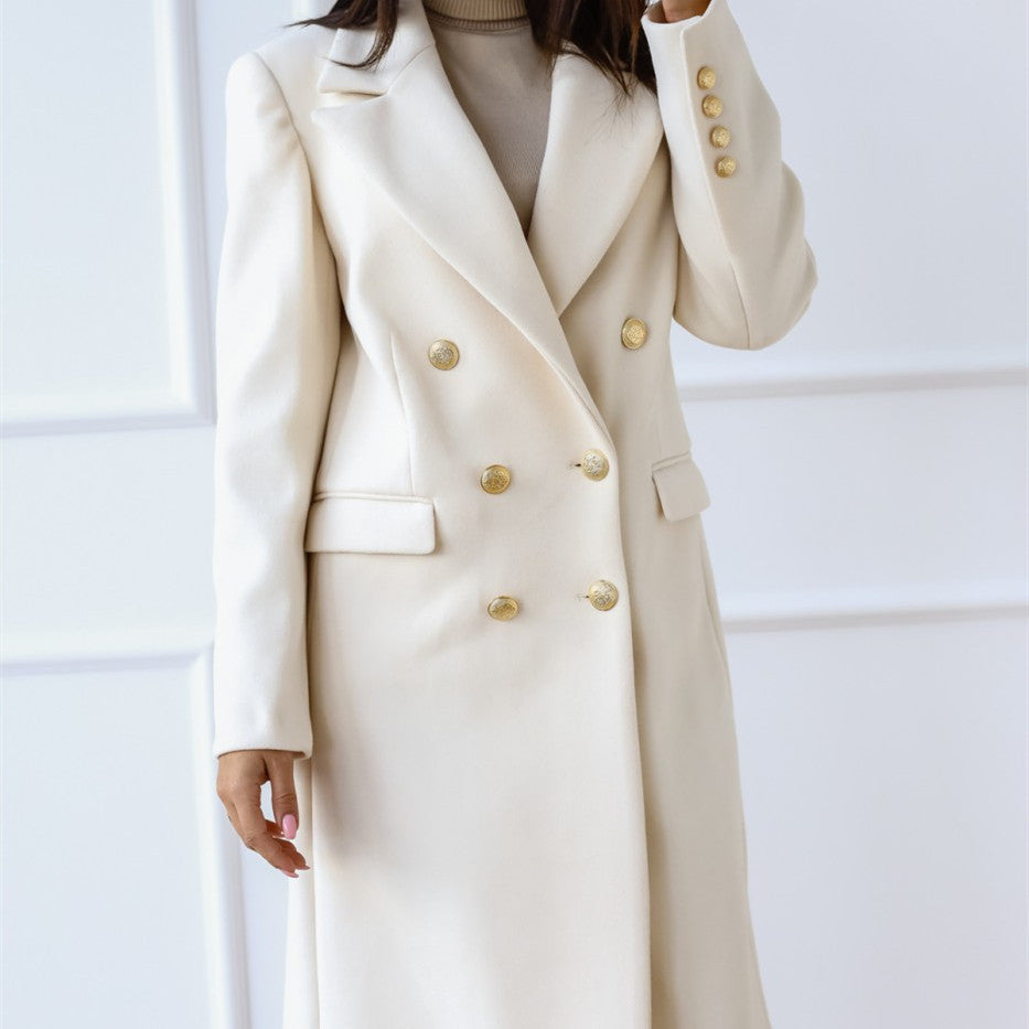 Women’s Tweed Jacket with Metal Buckle – Elegant Long Coat for Autumn & Winter