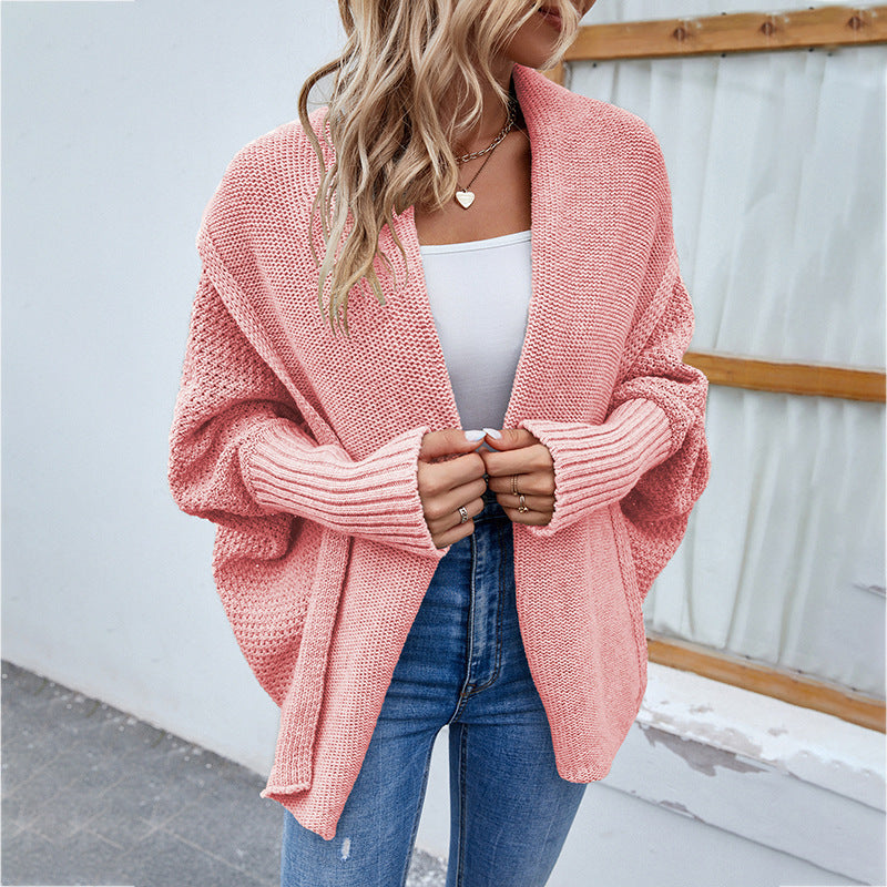 Women’s Loose Knitted Sweater – Solid Color Bat Sleeve Large Lapel Cardigan for Autumn & Winter