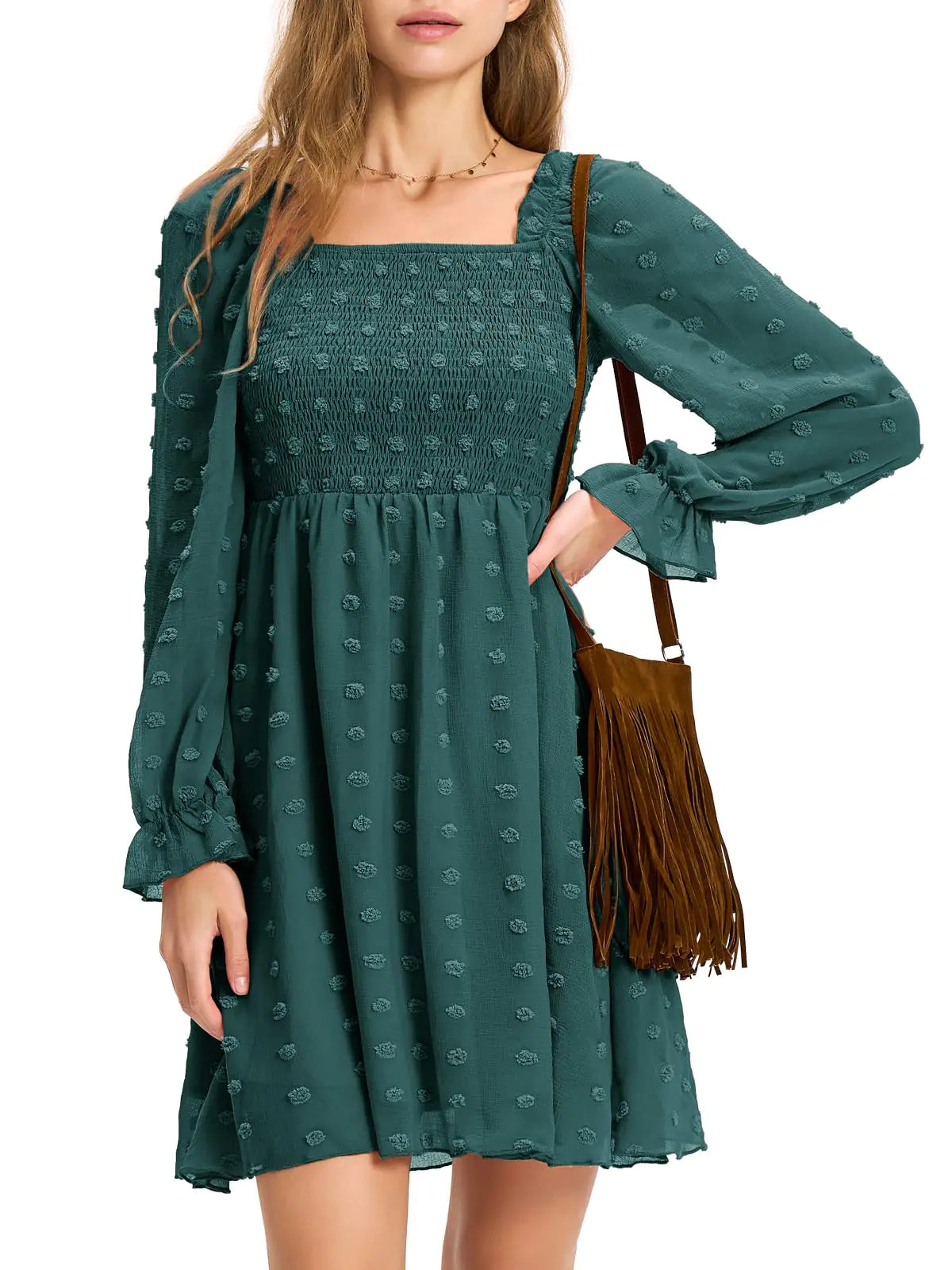 EXLURA 2025 Dark Green Swiss Dot Ruffle Mini Dress – Smocked Bodice, Flutter Sleeves & Cottagecore Style