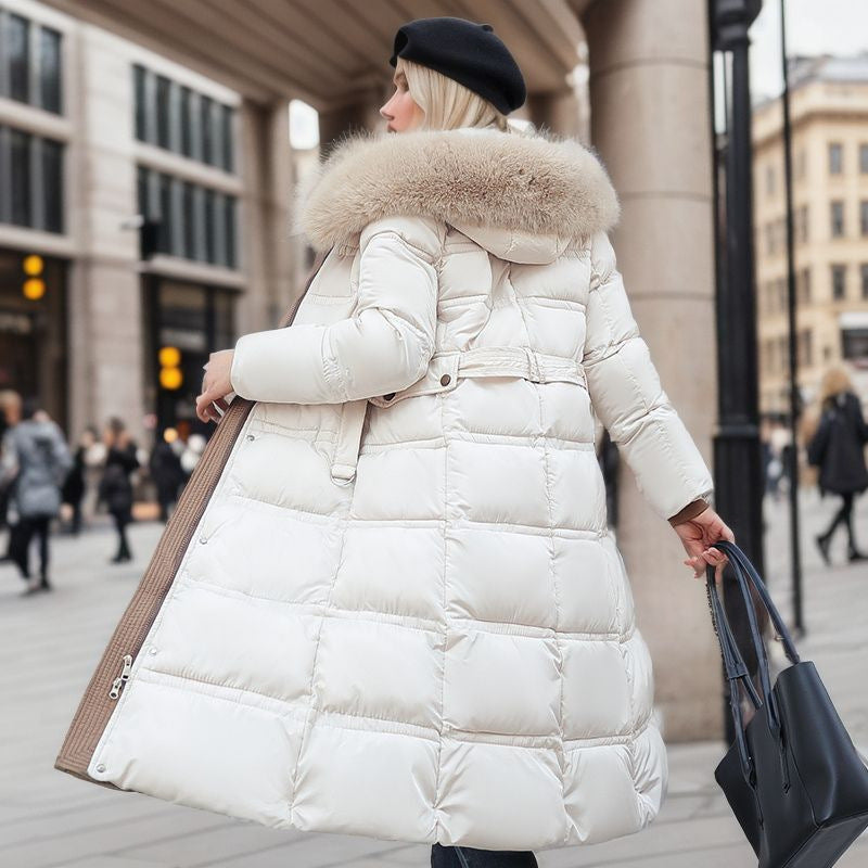 Women’s Slim Long Winter Jacket – Hooded Coat with Fur Collar & Belted Design