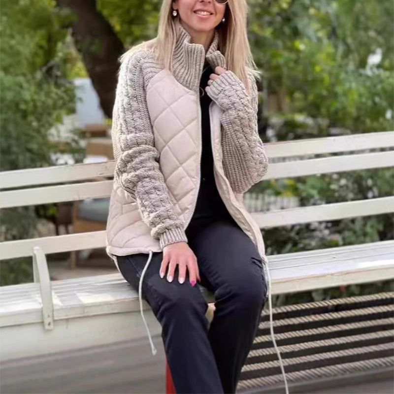 Women’s Stand Collar Cotton Jacket – Knitted Stitch Zipper Coat with Pockets, Winter Warm Tops