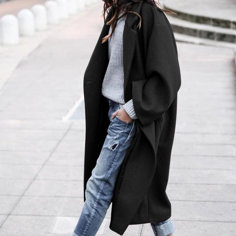 Women’s Long Woolen Coat – Casual Single-Breasted Lapel Jacket with Pockets, Solid Color Winter Wea