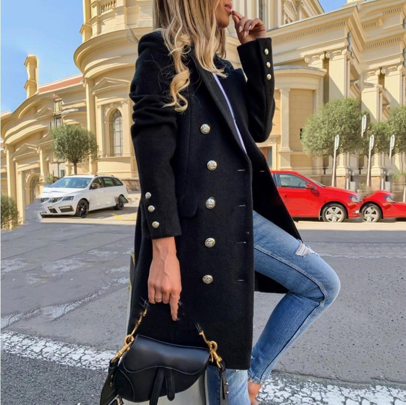 Women’s Woolen Lapel Jacket – Double-Breasted Mid-Length Coat for Fall & Winter