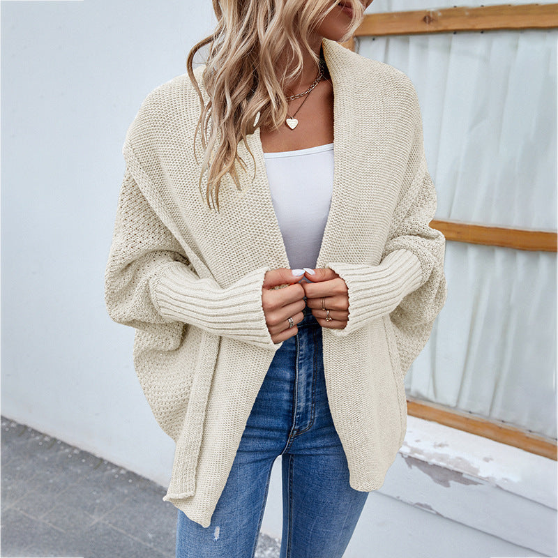 Women’s Loose Knitted Sweater – Solid Color Bat Sleeve Large Lapel Cardigan for Autumn & Winter