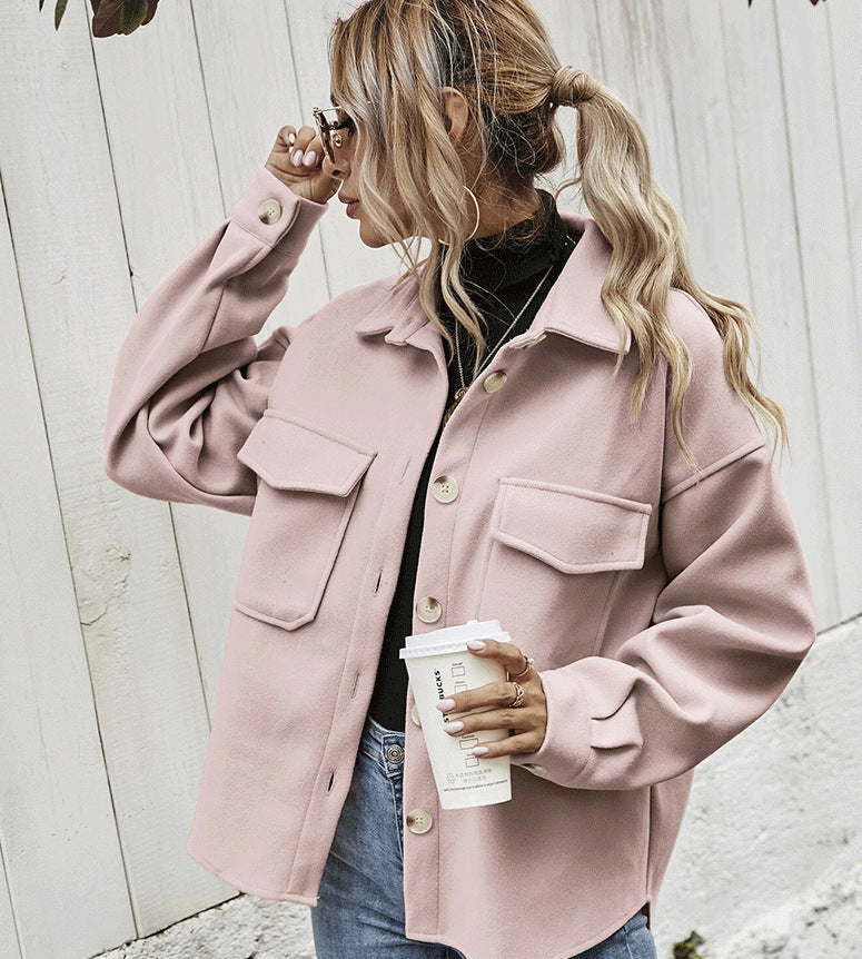Women’s Winter Lapel Coat – Single-Breasted Thick Woolen Short Jacket, Solid Color Outerwear