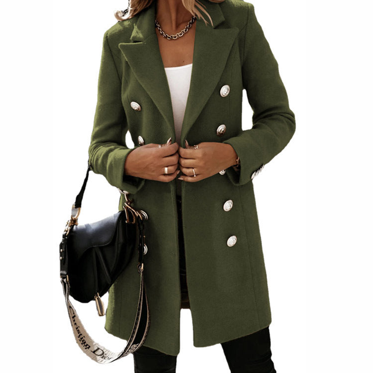 Women’s Double-Breasted Woolen Coat – Fashion Turndown Collar Long Jacket for Autumn & Winter