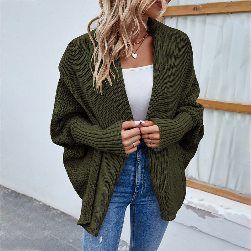 Women’s Loose Knitted Sweater – Solid Color Bat Sleeve Large Lapel Cardigan for Autumn & Winter
