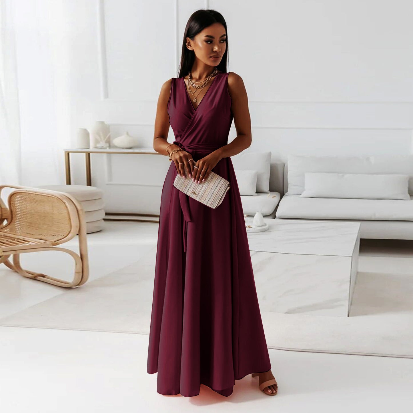 Women’s V-Neck Sleeveless Maxi Dress with Belt – Elegant Summer Party, Club & Evening Dress
