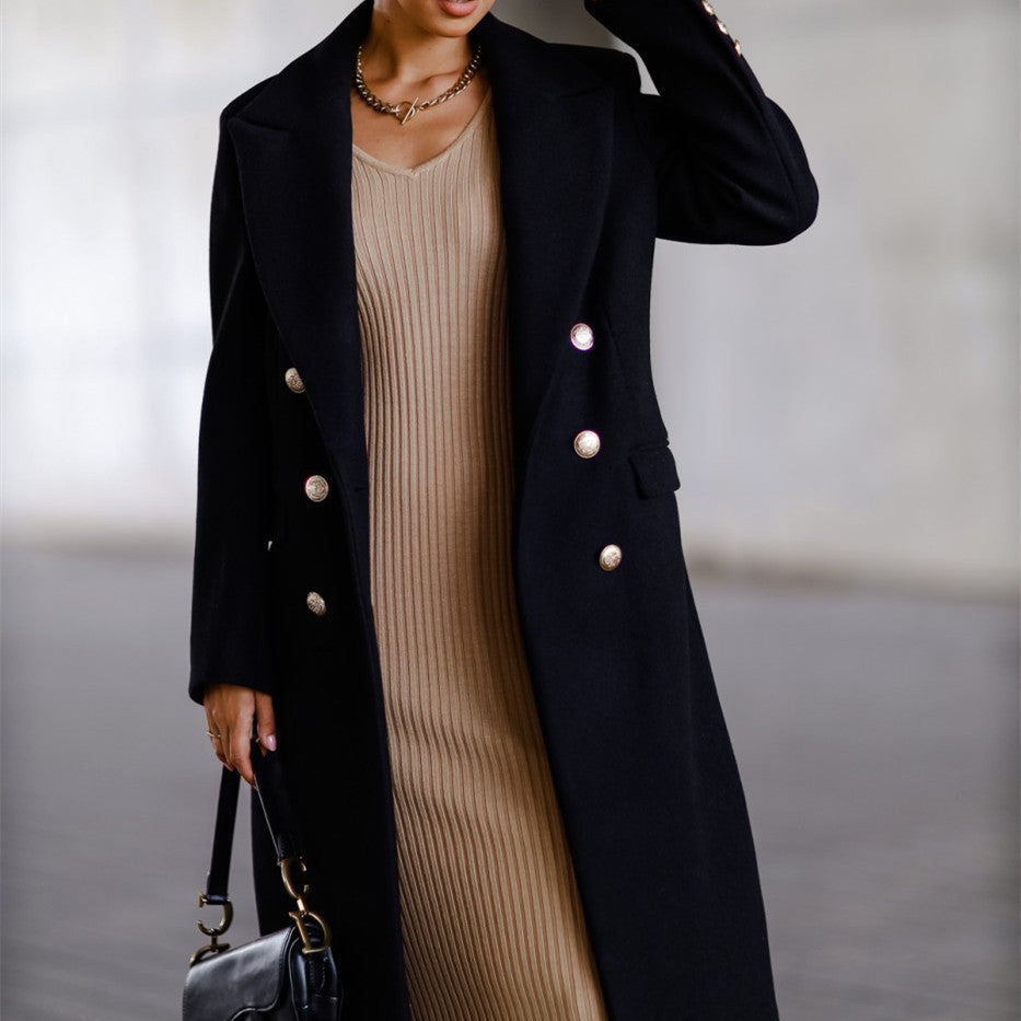 Women’s Tweed Jacket with Metal Buckle – Elegant Long Coat for Autumn & Winter