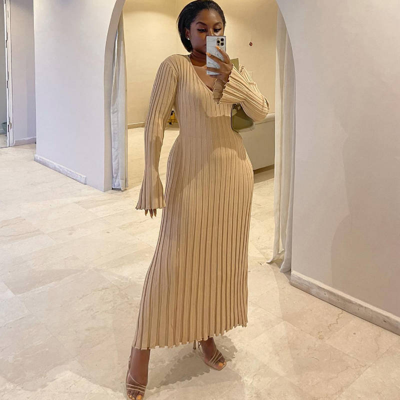 Women’s Slim Fit Knitted Maxi Dress – Casual V-Neck Waist-Skimming Cotton Dress