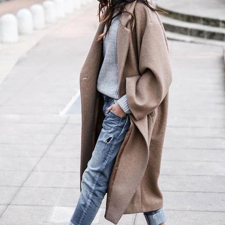 Women’s Long Woolen Coat – Casual Single-Breasted Lapel Jacket with Pockets, Solid Color Winter Wea