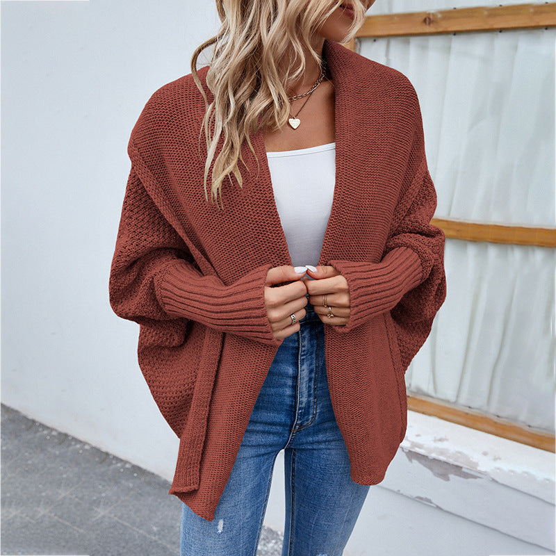 Women’s Loose Knitted Sweater – Solid Color Bat Sleeve Large Lapel Cardigan for Autumn & Winter