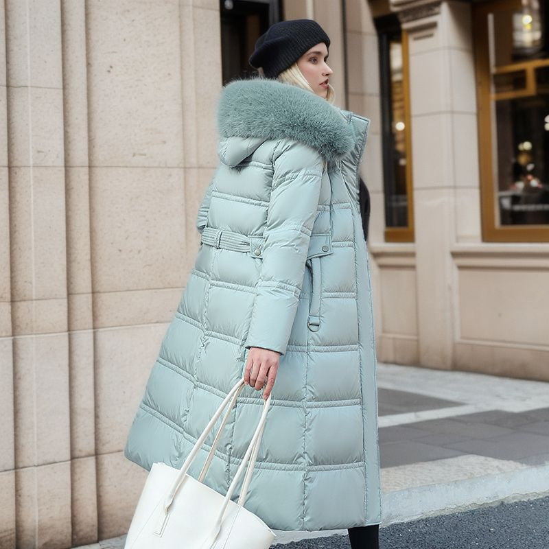 Women’s Slim Long Winter Jacket – Hooded Coat with Fur Collar & Belted Design