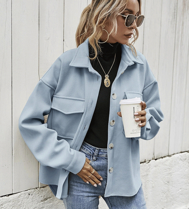 Women’s Winter Lapel Coat – Single-Breasted Thick Woolen Short Jacket, Solid Color Outerwear