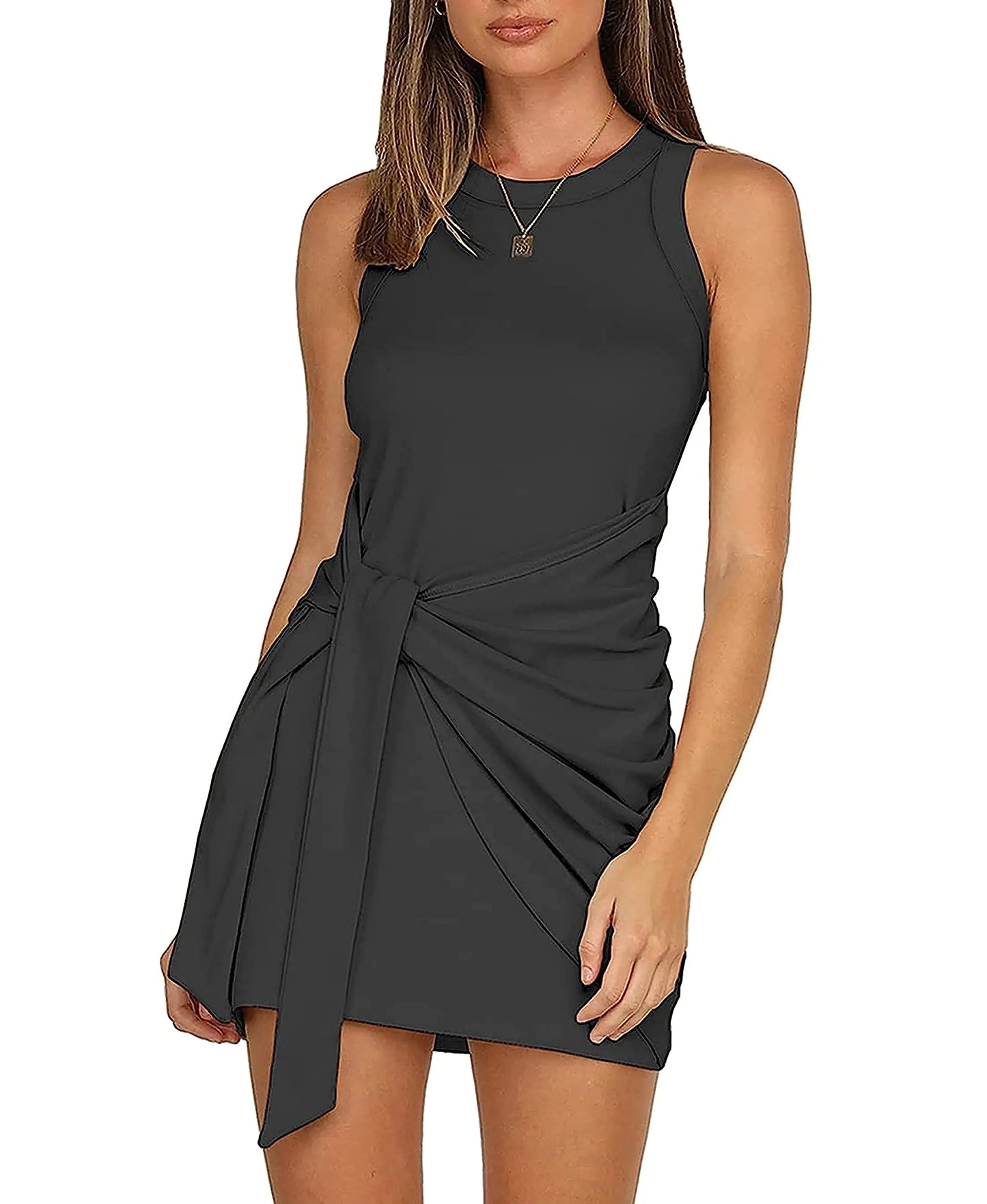 Summer Sleek Mini Wrap Dress – Sleeveless Bodycon with Tie Waist, Solid Colors