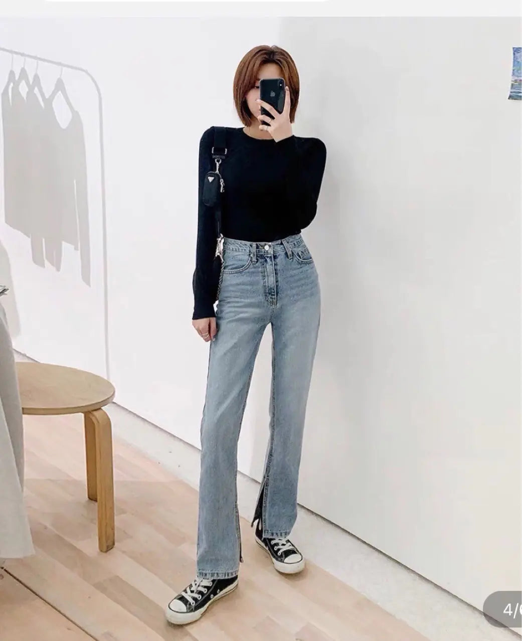 Chic High Rise Straight Jeans with Side Slit