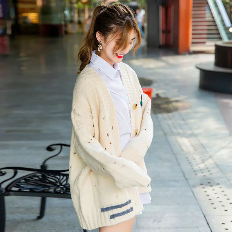 Women’s Elegant Winter V-Neck Sweater – Embroidered Korean-Style Cardigan