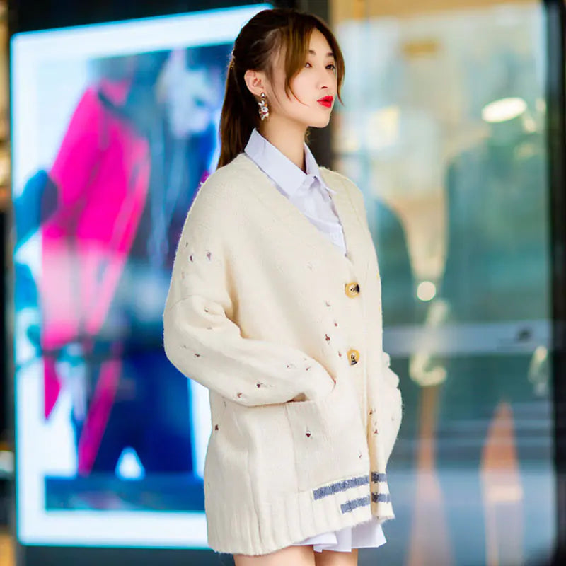 Women’s Elegant Winter V-Neck Sweater – Embroidered Korean-Style Cardigan