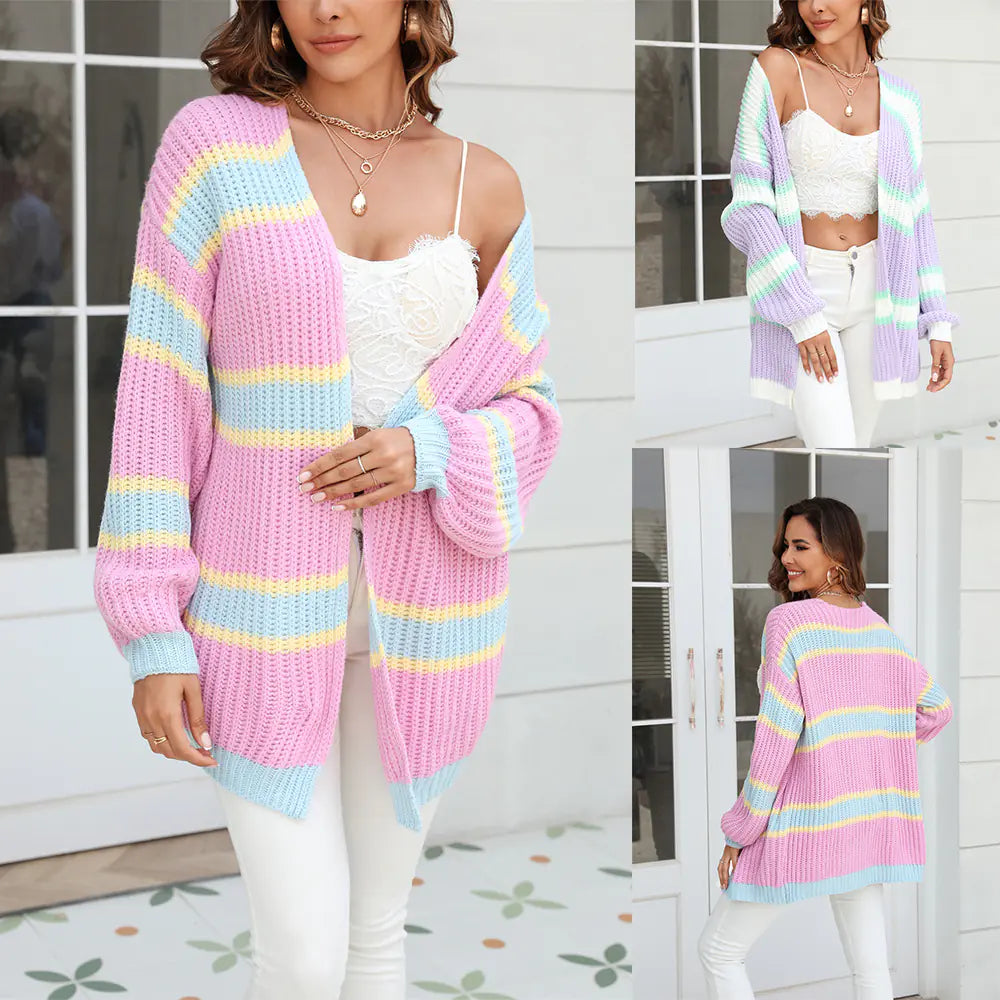 Women’s Striped Cardigan – Loose Medium-Length Sweater for Autumn & Winter