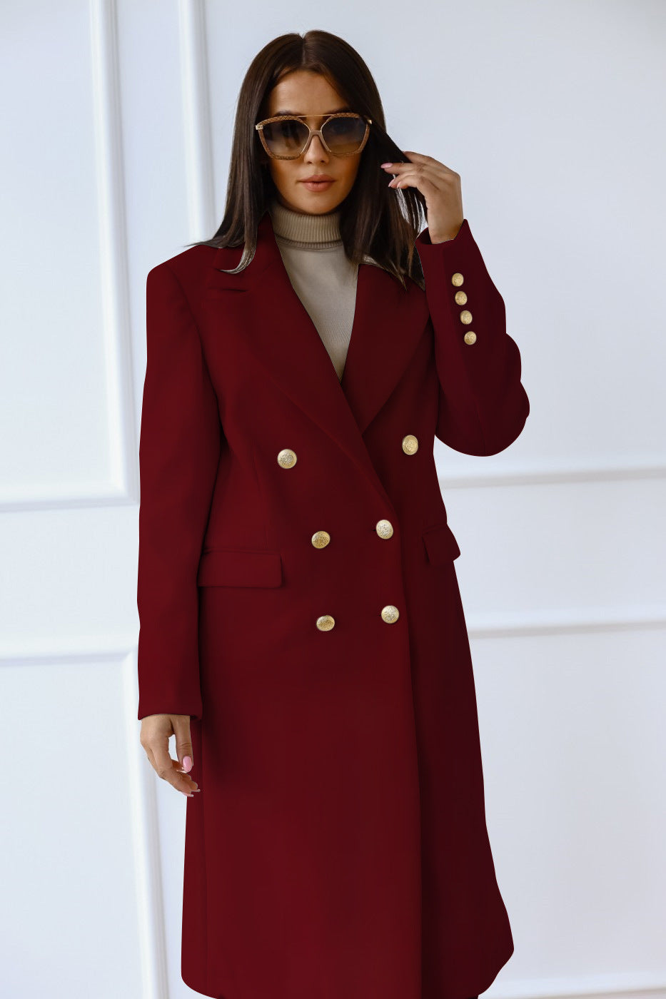 Women’s Tweed Jacket with Metal Buckle – Elegant Long Coat for Autumn & Winter