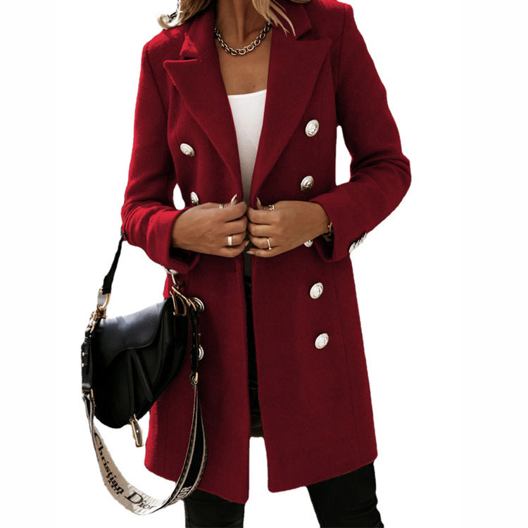 Women’s Double-Breasted Woolen Coat – Fashion Turndown Collar Long Jacket for Autumn & Winter