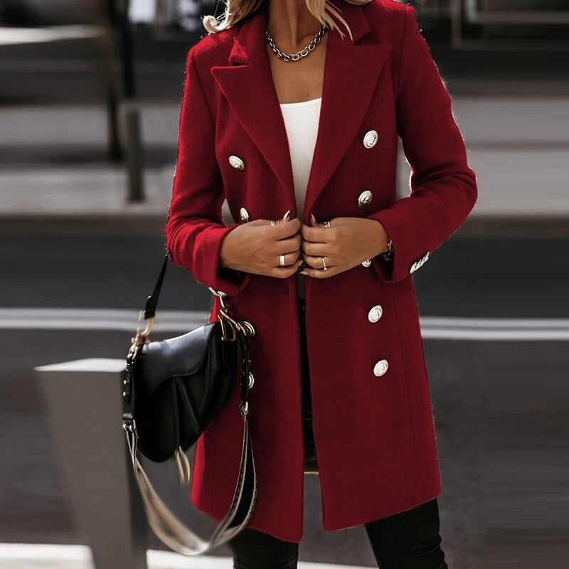 Women’s Double-Breasted Woolen Coat – Fashion Turndown Collar Long Jacket for Autumn & Winter