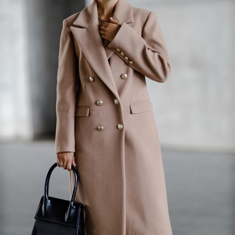 Women’s Tweed Jacket with Metal Buckle – Elegant Long Coat for Autumn & Winter