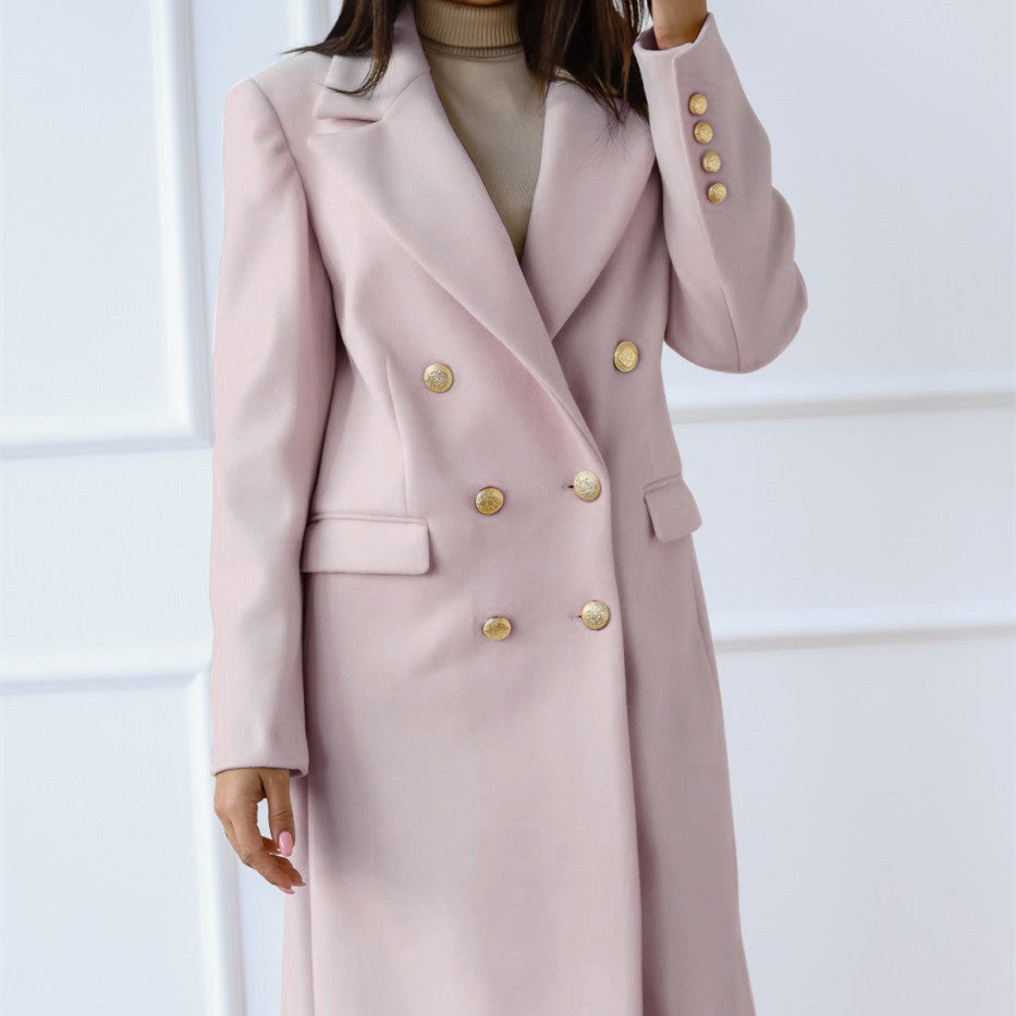 Women’s Tweed Jacket with Metal Buckle – Elegant Long Coat for Autumn & Winter