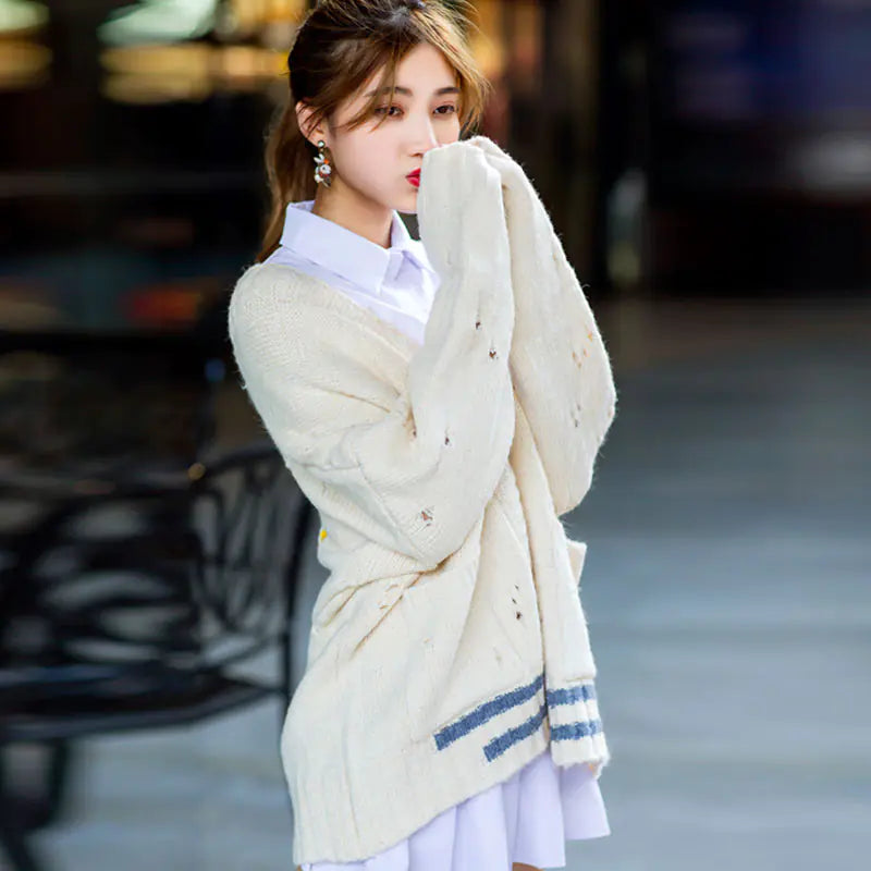 Women’s Elegant Winter V-Neck Sweater – Embroidered Korean-Style Cardigan