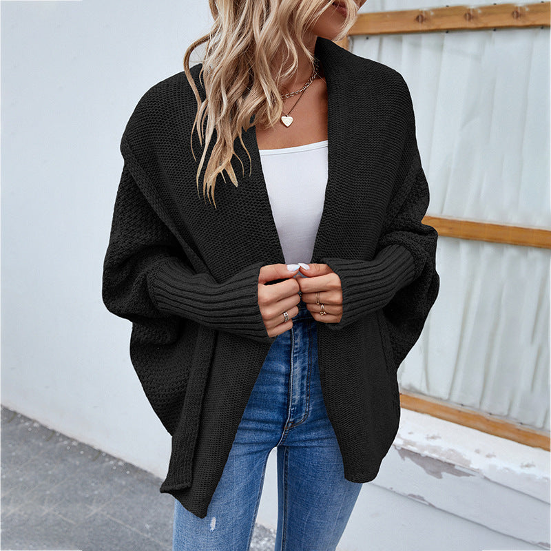 Women’s Loose Knitted Sweater – Solid Color Bat Sleeve Large Lapel Cardigan for Autumn & Winter