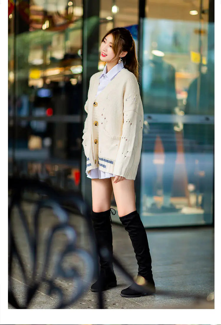 Women’s Elegant Winter V-Neck Sweater – Embroidered Korean-Style Cardigan