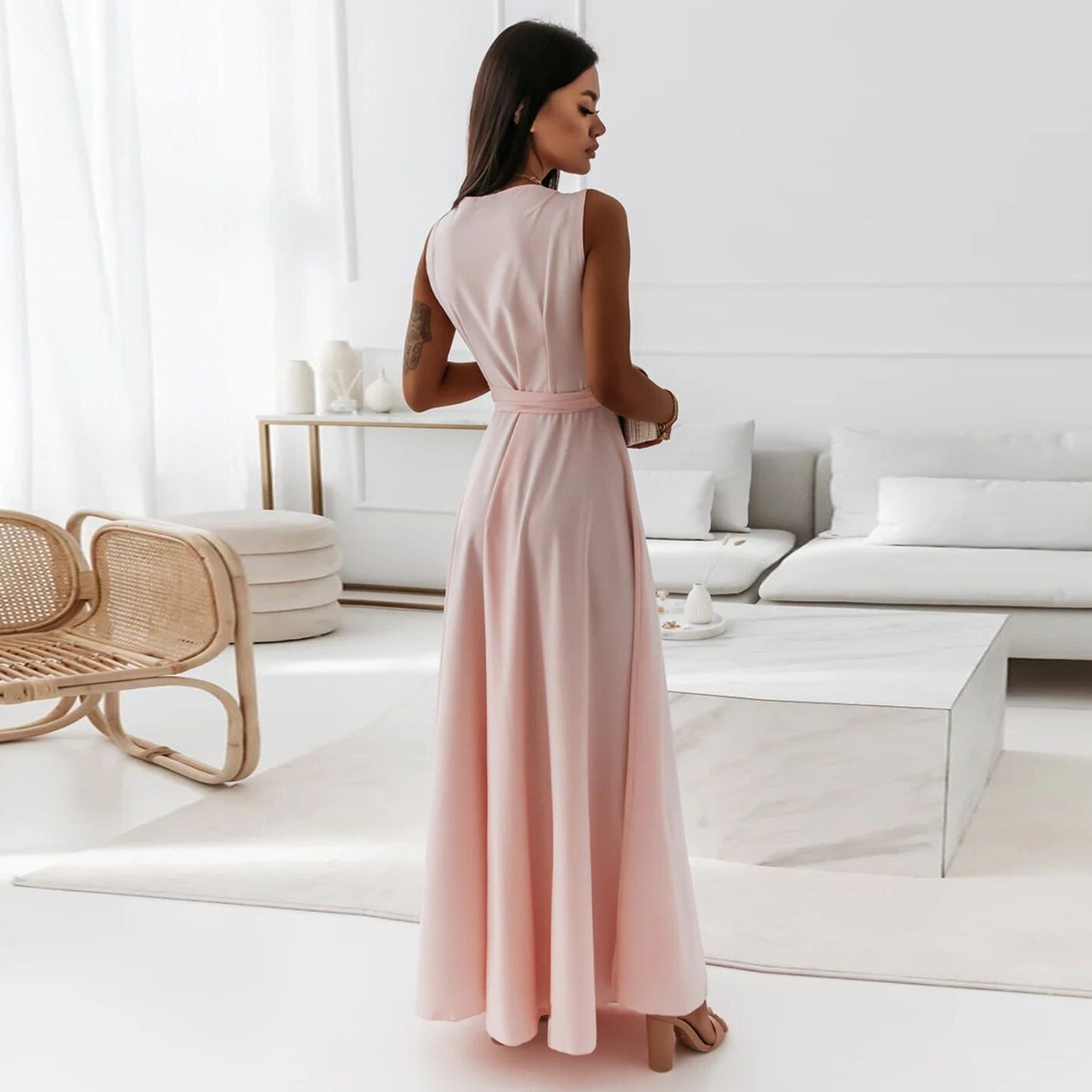 Women’s V-Neck Sleeveless Maxi Dress with Belt – Elegant Summer Party, Club & Evening Dress