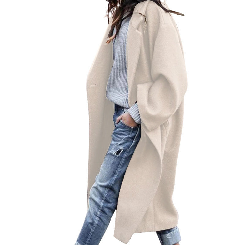 Women’s Long Woolen Coat – Casual Single-Breasted Lapel Jacket with Pockets, Solid Color Winter Wea