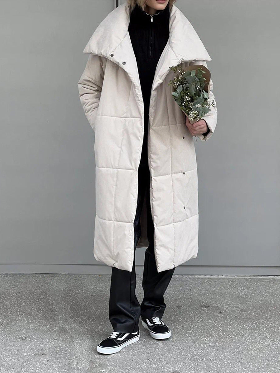 Women’s Large Lapel Long Coat – Winter Cotton Jacket with Pockets & Lace-Up Design, Thick Solid Color Outerwear