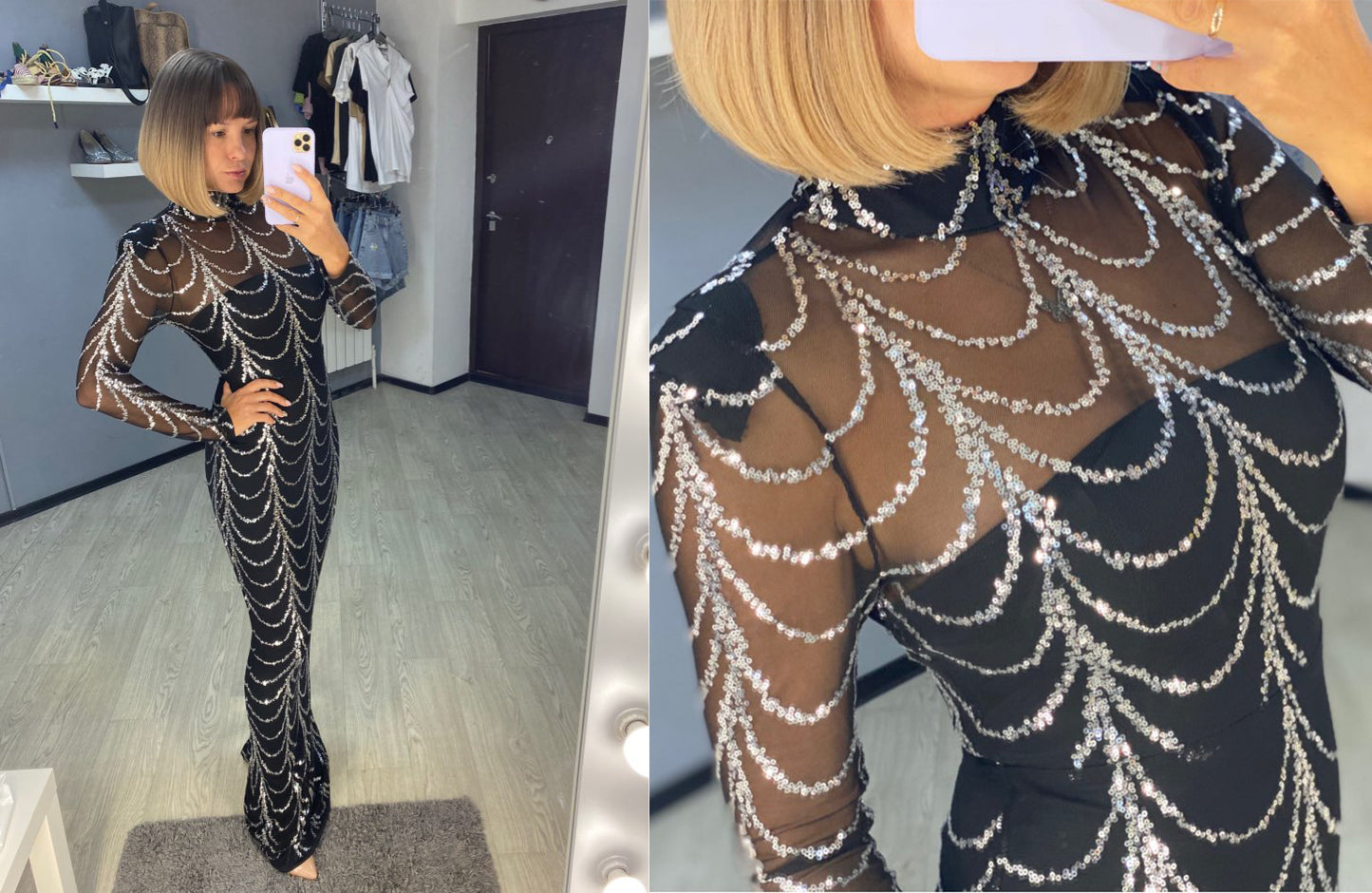 Women’s Sequined Maxi Dress – Long Sleeve Elegant Party Evening Gown