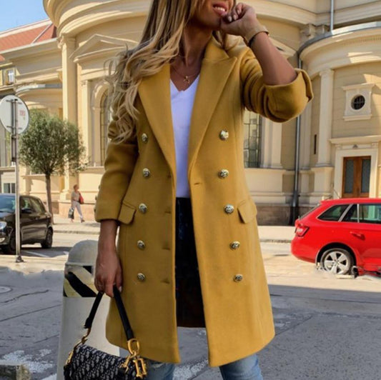 Women’s Woolen Lapel Jacket – Double-Breasted Mid-Length Coat for Fall & Winter
