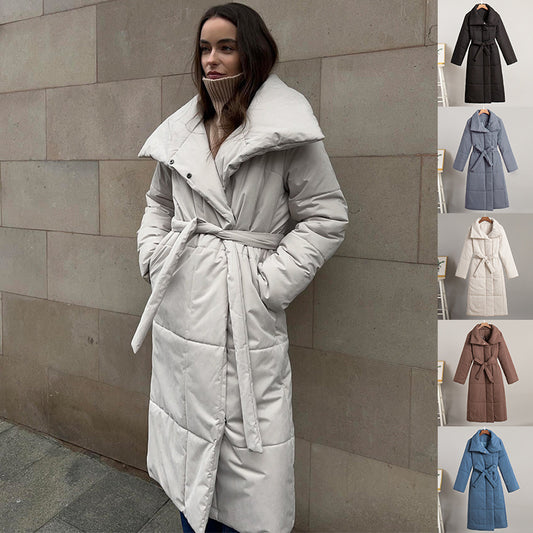 Women’s Large Lapel Long Coat – Winter Cotton Jacket with Pockets & Lace-Up Design, Thick Solid Color Outerwear