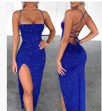 Women’s Backless High-Slit Maxi Party Dress – Spaghetti Strap Bandage Evening Gown