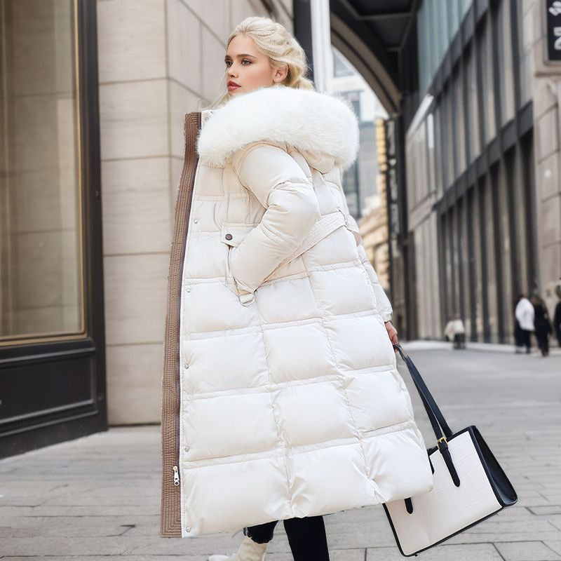 Women’s Slim Long Winter Jacket – Hooded Coat with Fur Collar & Belted Design