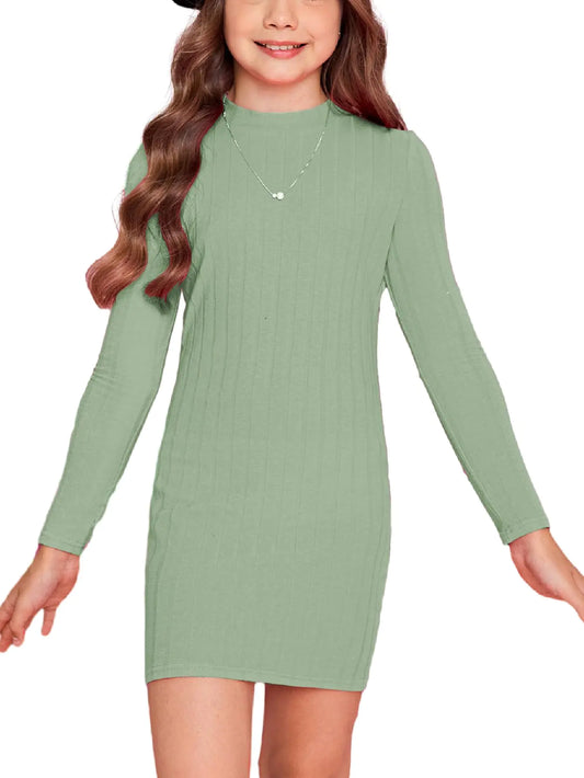 Floerns Girls Mint Ribbed Mock Neck Dress – Long Sleeve Pencil Dress for 9Y
