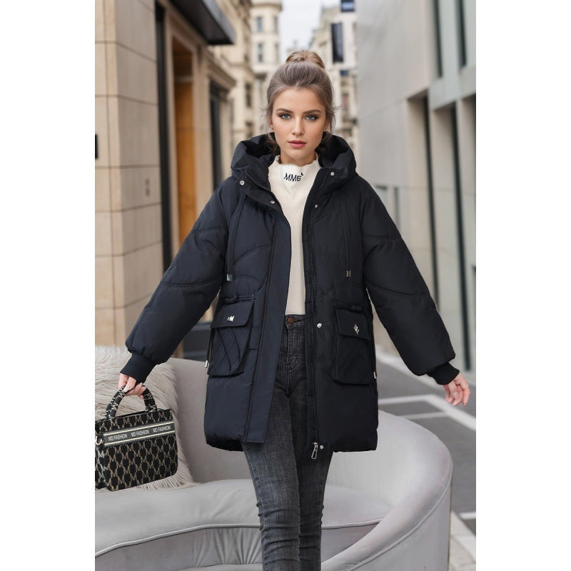 Women’s Hooded Winter Coat – Warm Thick Cotton Jacket with Pockets, Solid Color Outerwear