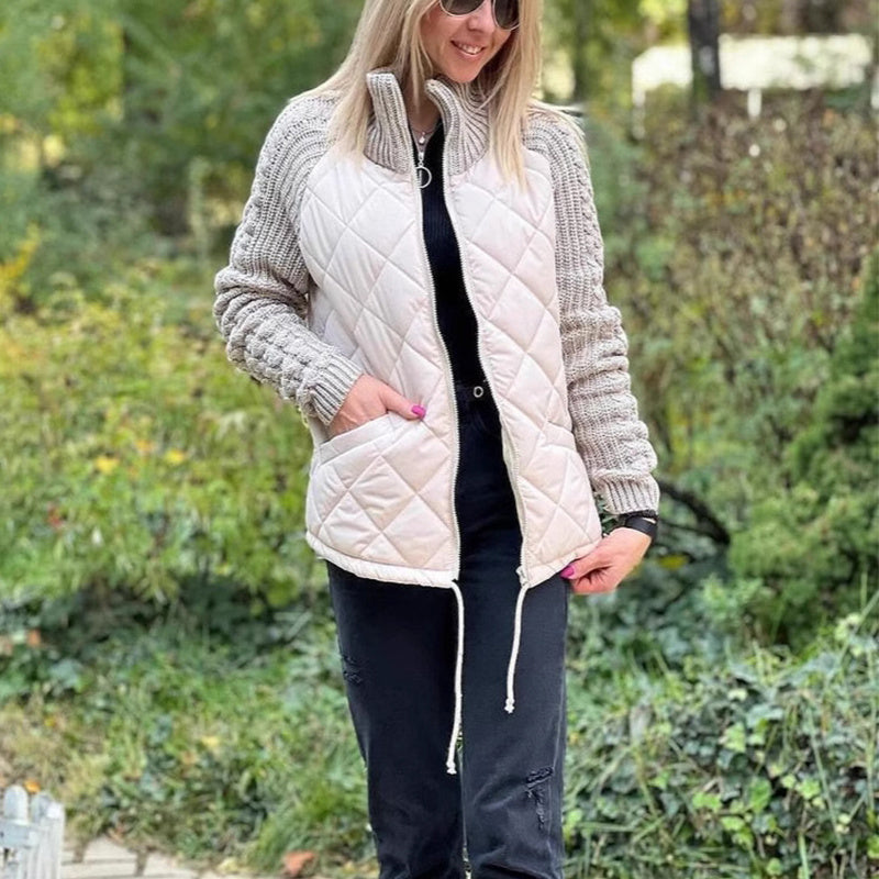 Women’s Stand Collar Cotton Jacket – Knitted Stitch Zipper Coat with Pockets, Winter Warm Tops