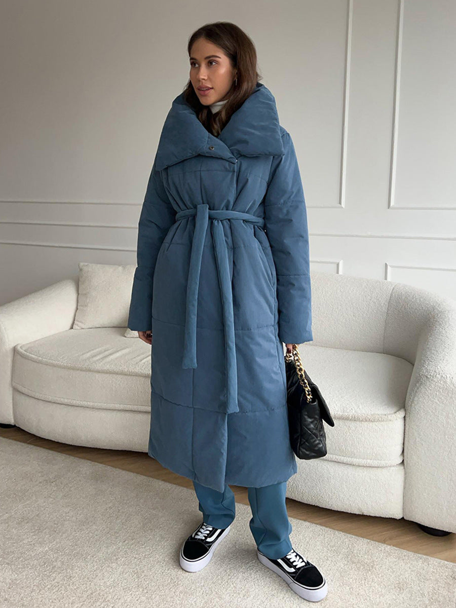 Women’s Large Lapel Long Coat – Winter Cotton Jacket with Pockets & Lace-Up Design, Thick Solid Color Outerwear