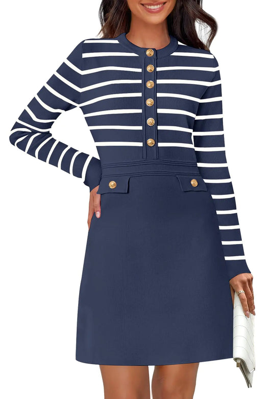 MEROKEETY Women’s Striped Sweater Dress – Crewneck Long Sleeve Mini Bodycon with Button Detail
