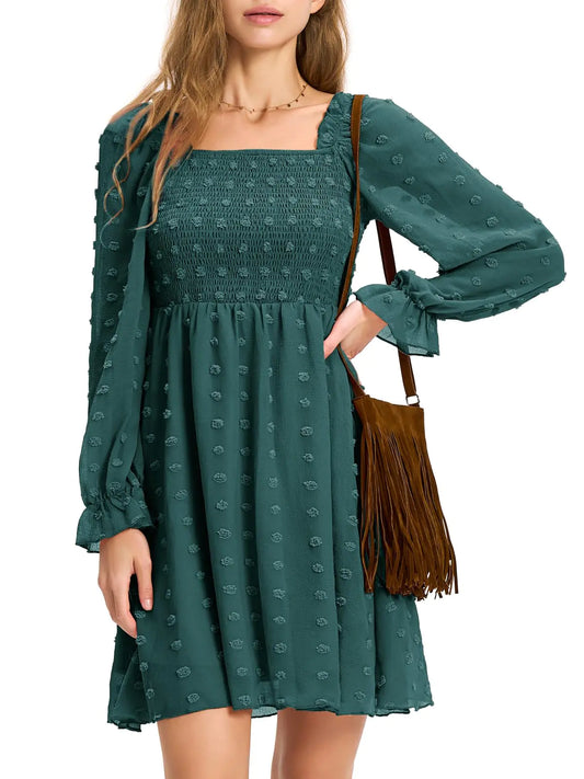 EXLURA 2025 Dark Green Swiss Dot Ruffle Mini Dress – Smocked Bodice, Flutter Sleeves & Cottagecore Style