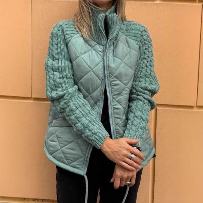 Women’s Stand Collar Cotton Jacket – Knitted Stitch Zipper Coat with Pockets, Winter Warm Tops
