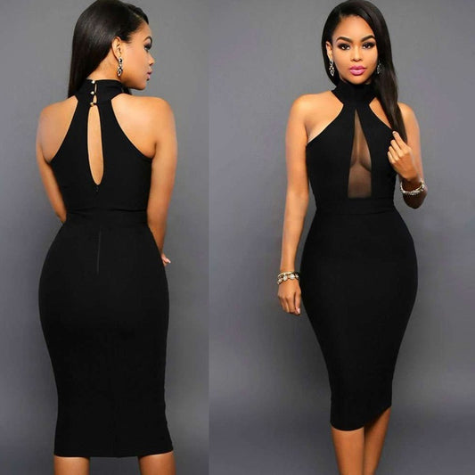 Sexy Women’s Party Dress – Hanging Neck Midi Dress with Splicing Design