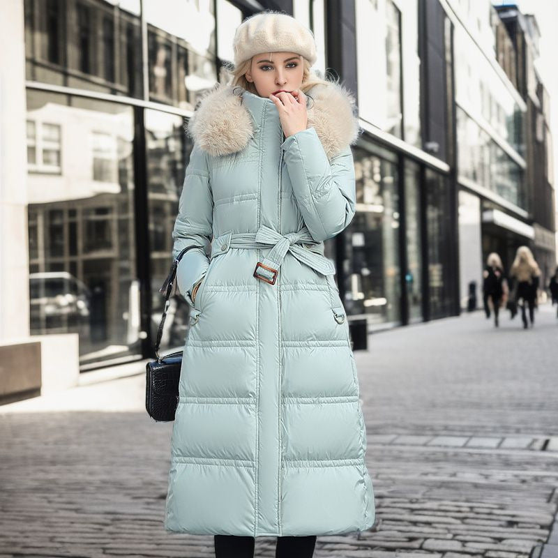 Women’s Slim Long Winter Jacket – Hooded Coat with Fur Collar & Belted Design